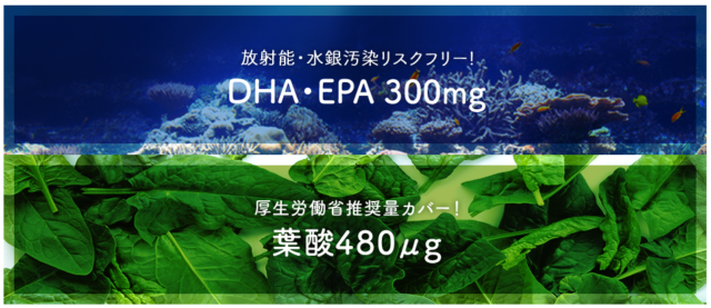 放射能・水銀汚染リスクフリー
オメガ３脂肪酸「DHA/EPA」300mg
葉酸480㎍配合のノコア葉酸サプリ